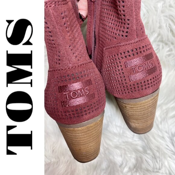 TOMS Majorca Peep Toe Burgundy Red Suede Perforated Ankle Bootie, Size 8.5 - Picture 5 of 10